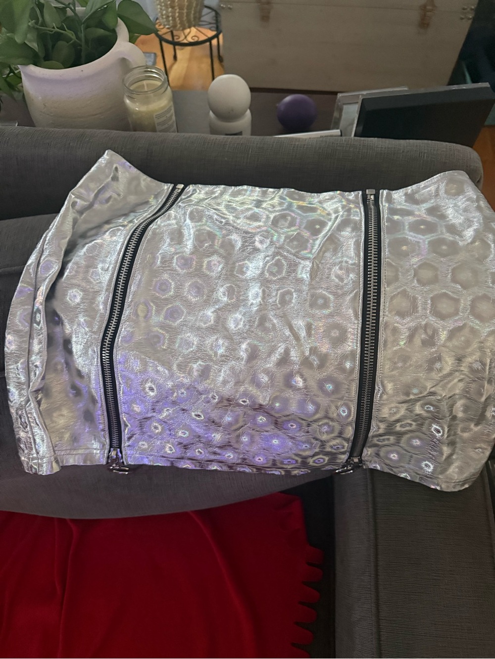 Holographic Silver Mini Skirt with Dual Front Zippers